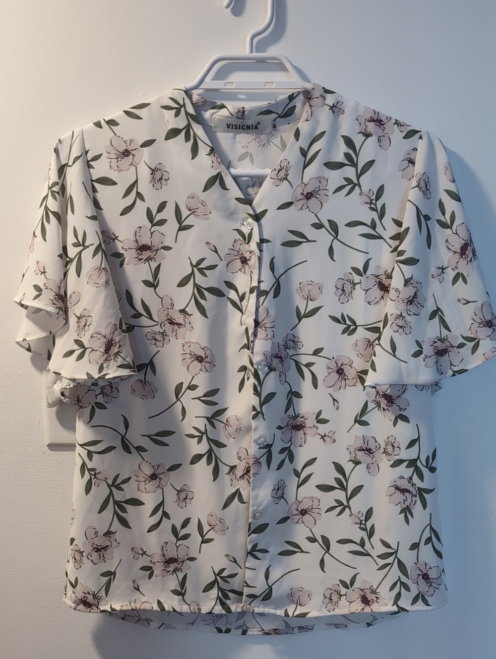 Source Unknown White Blouse with Pink Floral Print